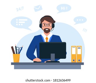 Operator of call center working in headphones