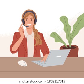 Operator Of Call Center Working Online With Laptop And Headset. Manager Of Customer Support Service Consulting Clients Through Internet. Colored Flat Vector Illustration Of Digital Helpdesk