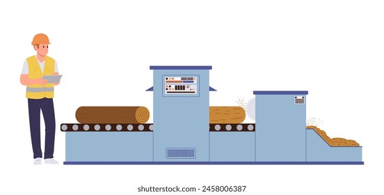 Operator cartoon male character working at automatic industrial conveyor belt on paper factory