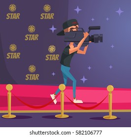 Operator Character With Camera On Red Carpet Ceremony. Vector Flat Cartoon Illustration