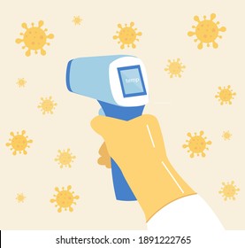Operator is checking  body temperature by digital thermometer before entering public places.  Fight against coronavirus, covid-19 concept. Vector