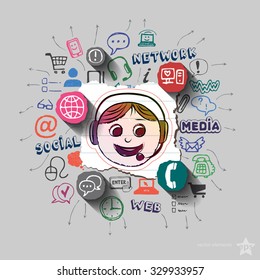 Operator and collage with web icons background. Vector illustration