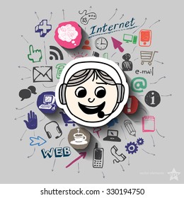 Operator and collage with web icons background. Vector illustration