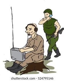 The operator communicates by radio in the background of the men running with a gun