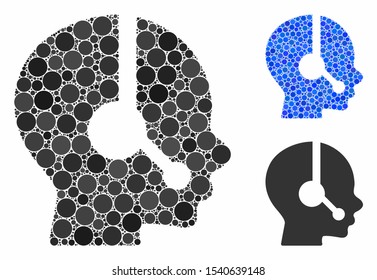 Operator composition of circle elements in different sizes and color tinges, based on operator icon. Vector round elements are grouped into blue composition.