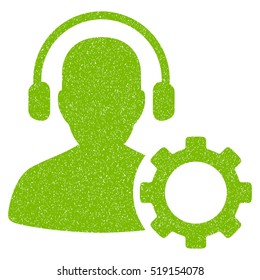 Operator Configuration Gear grainy textured icon for overlay watermark stamps. Flat symbol with unclean texture. Dotted vector eco green ink rubber seal stamp with grunge design on a white background.