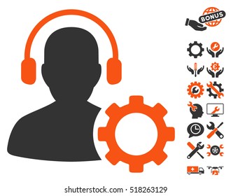 Operator Configuration Gear icon with bonus service images. Vector illustration style is flat iconic orange and gray symbols on white background.