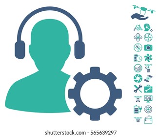 Operator Configuration Gear icon with bonus quadrocopter tools pictograph collection. Vector illustration style is flat iconic cobalt and cyan symbols on white background.