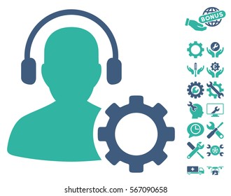 Operator Configuration Gear icon with bonus tools images. Vector illustration style is flat iconic cobalt and cyan symbols on white background.