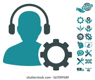 Operator Configuration Gear icon with bonus setup tools symbols. Vector illustration style is flat iconic soft blue symbols on white background.