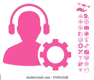 Operator Configuration Gear icon with bonus quadrocopter service icon set. Vector illustration style is flat iconic symbols on white background.