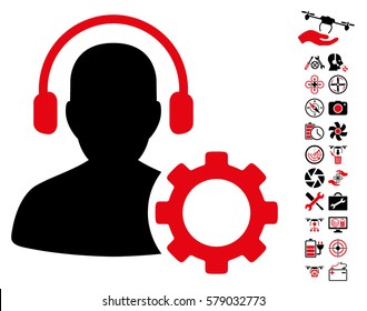 Operator Configuration Gear icon with bonus flying drone service clip art. Vector illustration style is flat iconic intensive red and black symbols on white background.