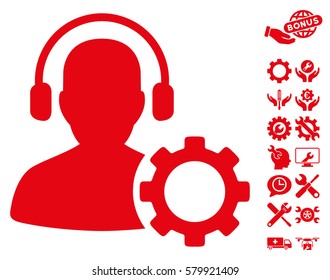 Operator Configuration Gear icon with bonus setup tools clip art. Vector illustration style is flat iconic red symbols on white background.