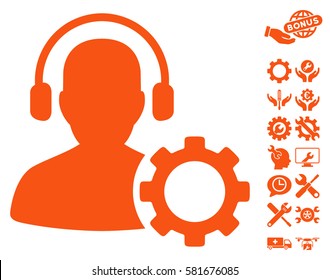 Operator Configuration Gear icon with bonus service images. Vector illustration style is flat iconic orange symbols on white background.