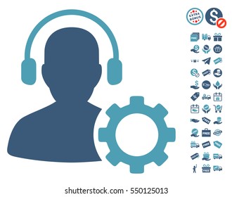 Operator Configuration Gear icon with free bonus clip art. Vector illustration style is flat iconic symbols, cyan and blue colors, white background.
