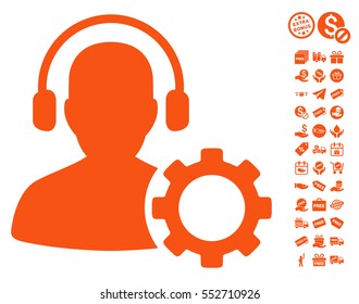 Operator Configuration Gear icon with free bonus design elements. Vector illustration style is flat iconic symbols, orange color, white background.