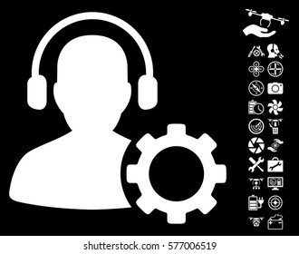 Operator Configuration Gear pictograph with bonus quad copter tools images. Vector illustration style is flat iconic white symbols on black background.