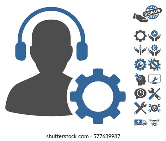 Operator Configuration Gear pictograph with bonus service symbols. Vector illustration style is flat iconic cobalt and gray symbols on white background.