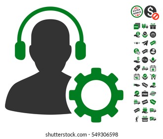Operator Configuration Gear pictograph with free bonus icon set. Vector illustration style is flat iconic symbols, green and gray colors, white background.