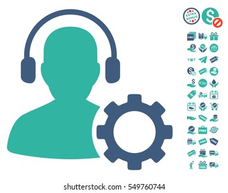 Operator Configuration Gear pictograph with free bonus symbols. Vector illustration style is flat iconic symbols, cobalt and cyan colors, white background.