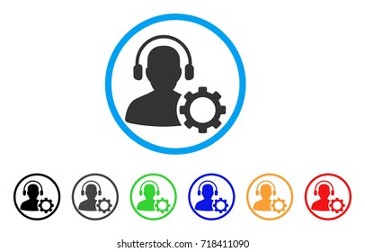 Operator Configuration Gear rounded icon. Style is a flat operator configuration gear gray symbol inside light blue circle with black, gray, green, blue, red, orange versions.