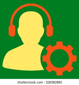 Operator Configuration vector icon. Style is bicolor flat symbol, orange and yellow colors, rounded angles, green background.