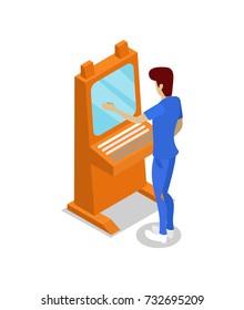 Operator console production line isometric 3D icon. Industrial goods production, mechanical conveyor with workers manufacturing process vector illustration.