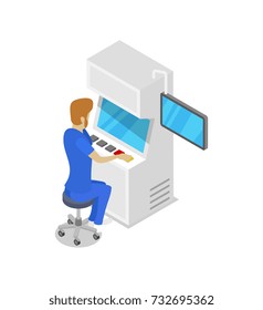 Operator console production line isometric 3D icon. Industrial goods production, mechanical conveyor with workers manufacturing process, assembly line vector illustration.