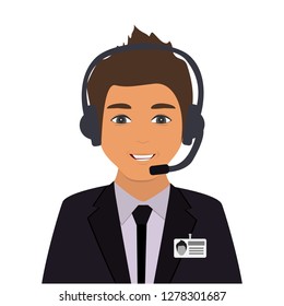 Operator consultant of call center at work. Man in a business suit, in headphones with microphone and name tag badge. Customer service icon. Webinar, video conference, video call. Vector illustrator