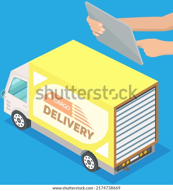 Operator controls delivery truck route using\
tablet pc, software for cargo location monitoring. Wagon with\
trailer for transporting goods worldwide. Vehicle for\
transpportation and\
shipping