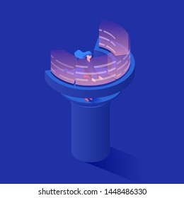 Operator at dashboard vector isometric illustration. Female consultant controlling data management on augmented reality screen. Woman, technical support worker, receptionist at futuristic workplace