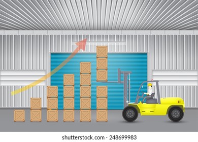 Ilustración de carretillas elevadoras trabajando con cartón fuera de fábrica.