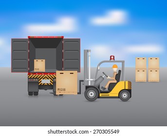 Operator, driver to sort cardboard box on pallet to storage cargo container by forklift or equipment for logistic, shipping and delivery. Freight transport, distribution industry. Vector illustration.