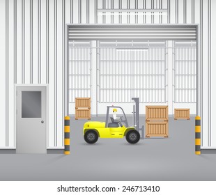 Operator, driver or worker to handling crate box into storage by forklift, equipment for warehousing, logistic, shipping and delivery. Freight transport and distribution industry. Vector illustration.