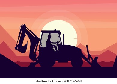 operator driving a backhoe heavy machinery with a sunset landscape in the background