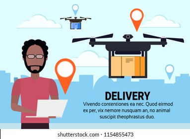 operator drone flying geo tag delivery air package shipment carry quadrocopter navigation application cityscape horizontal flat copy space vector illustration