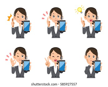 Operator female smartphone set of expression and gesture
