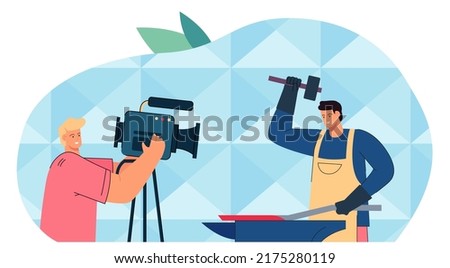 Operator filming blacksmith working at anvil. Man recording TV show about blacksmiths flat vector illustration. Forging industry, journalism, profession concept for banner or landing web page