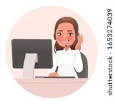 Operator, friendly support service specialist. Support phone or hotline. Call center employee, woman in headset. Telemarketing agent. Vector illustration in cartoon style