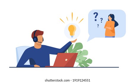 Operator giving answer to puzzled user. Man in headset holding shining lightbulb. Flat vector illustration. Helpline, customer support concept for banner, website design or landing web page