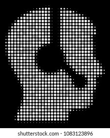 Operator halftone vector icon. Illustration style is pixelated iconic operator symbol on a black background. Halftone matrix is build from spheric blots.