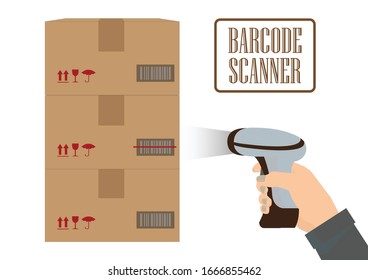 Operator hand holding scanner doing scan of a box with barcode.  barcode scan process. vector illustration.