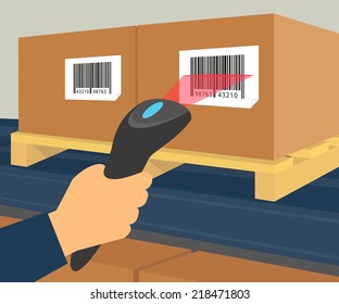 Operator hand holds scanner doing scan of a box with barcode at warehouse shelves with pallet of goods for delivery. Flat vector scanner illustration of barcode scan process during warehouse inventory