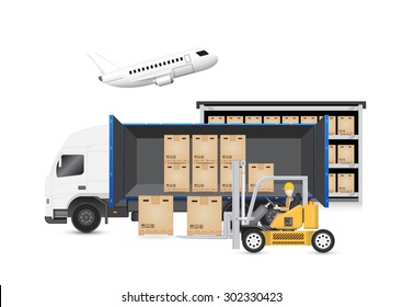 Operator handling cardboard box on pallet into storage, open cargo container by forklift. Vector illustration of logistic, shipping, delivery by truck and aircraft. Freight transport industry.