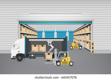 Operator handling cardboard box, pallet into storage open cargo container by forklift for logistic, shipping and delivery. Freight transport, warehousing and distribution industry. Vector illustration