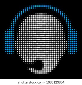 Operator head halftone vector icon. Illustration style is dotted iconic operator head symbol on a black background. Halftone matrix is created from circle cells.