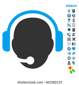 Operator Head icon with bonus pictograms. Vector style is bicolor flat iconic symbol with rounded angles, blue and gray colors, white background.