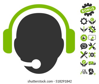 Operator Head icon with bonus settings design elements. Vector illustration style is flat iconic eco green and gray symbols on white background.