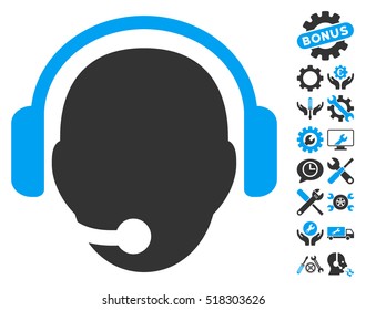 Operator Head icon with bonus setup tools pictograph collection. Vector illustration style is flat iconic blue and gray symbols on white background.
