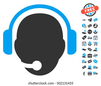 Operator Head icon with free bonus pictograph collection. Vector illustration style is flat iconic symbols, blue and gray colors, white background.